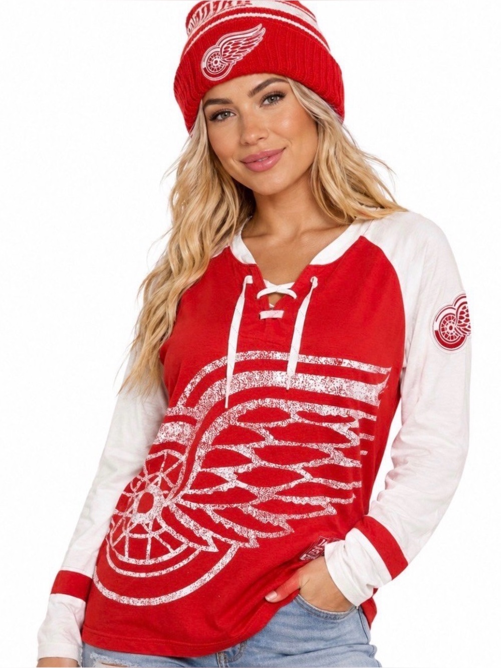 Majestic Detroit Red Wings Womens Red Lace-Up V-Neck Long Sleeve Shirt Size M